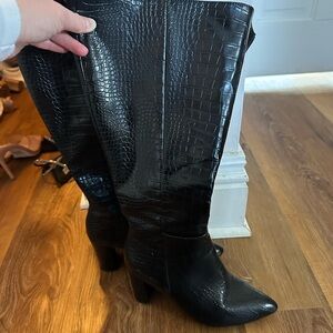 Black Croc-Embossed Knee-High Boots